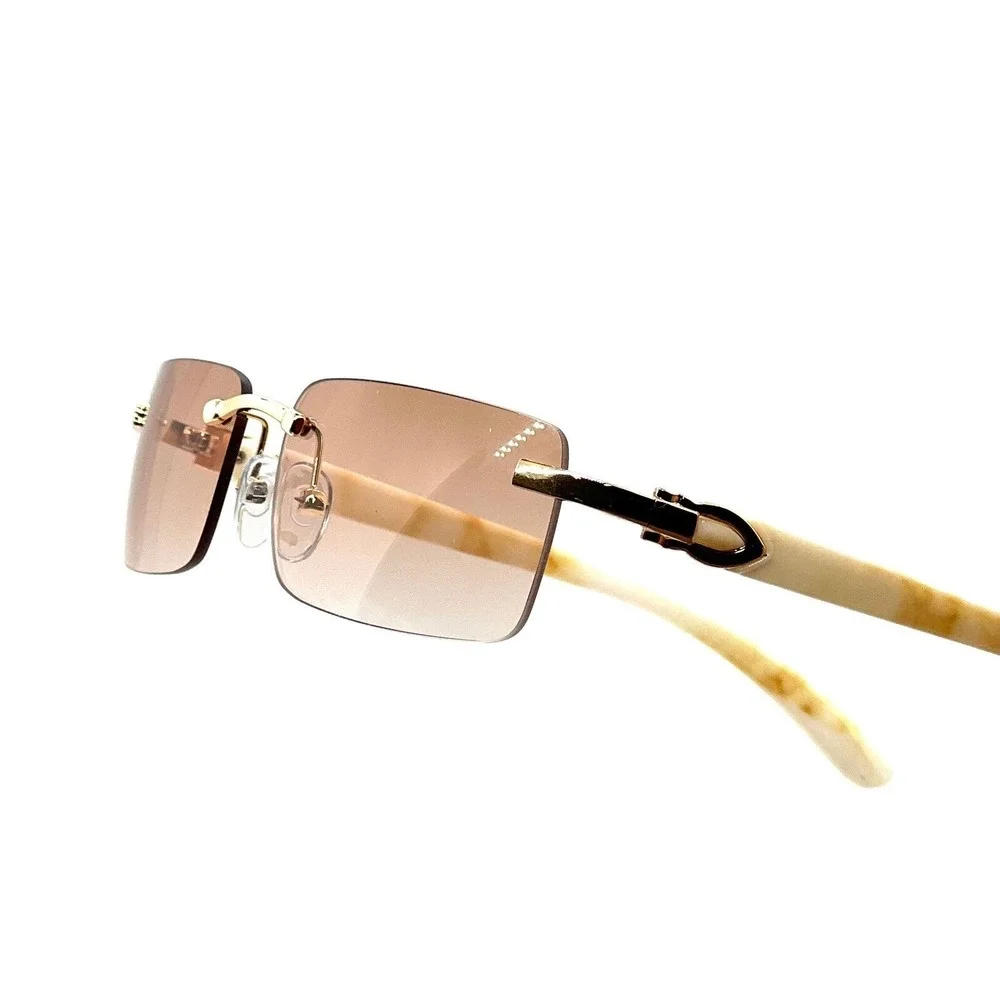 Rimless Sunglasses Rectangle Gold Frame‎ Champagne Lens Fashion Men Small Retro